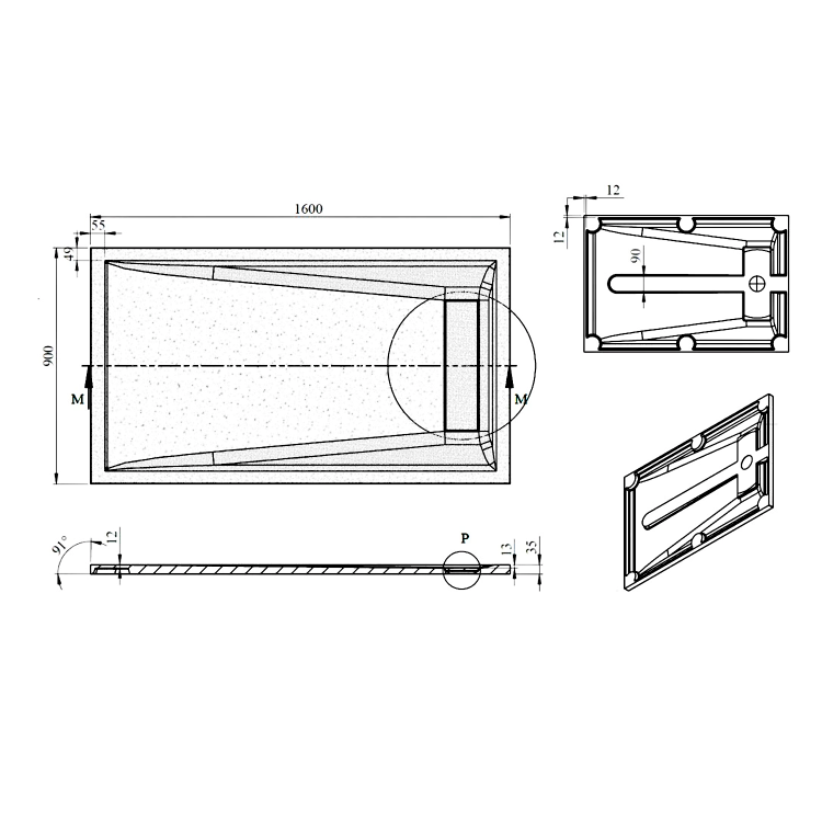 ELEA brodzik prysznicowy, prostokąt 160x90cm, biały PEL16090 rysunek techniczny
