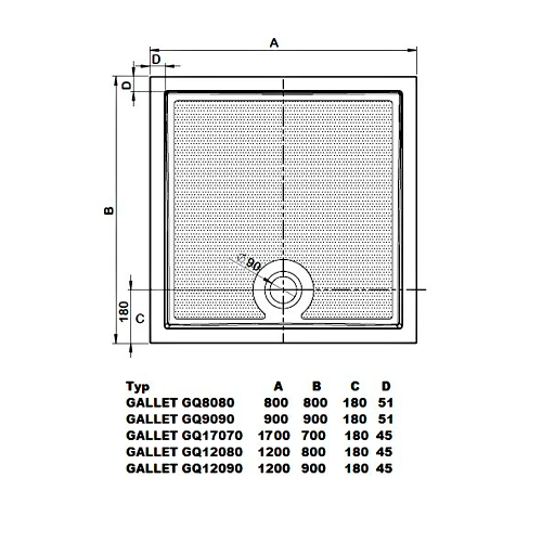 GALLET brodzik kompozytowy prostokątny 120x90 cm GQ12090 rysunek techniczny
