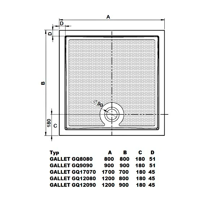 GALLET brodzik kompozytowy prostokątny 120x80 cm GQ12080 rysunek techniczny