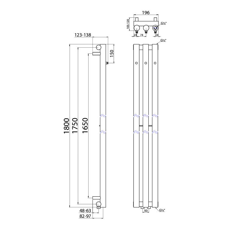 PILON grzejnik łazienkowy 196x1800mm, 3 wieszaki, biały mat IZ127T rysunek techniczny