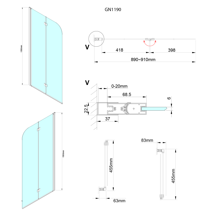 LORO Parawan nawannowy składany 900 mm GN1190 rysunek techniczny
