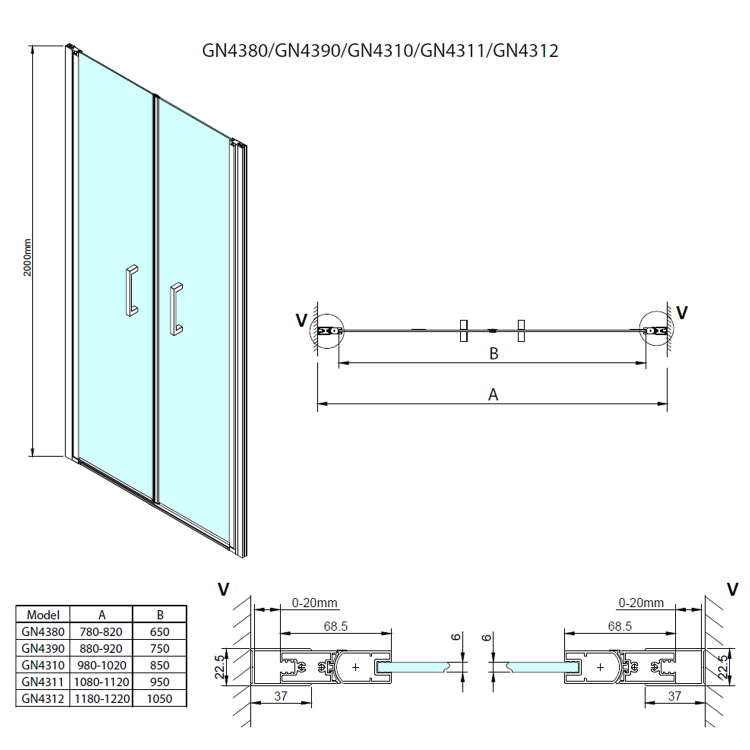 LORO drzwi prysznicowe dwuskrzydłowe 1200 mm, szkło czyste GN4312 rysunek techniczny