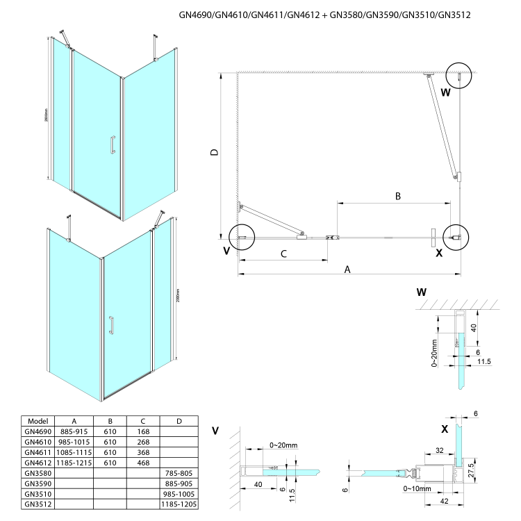 LORO kabina prysznicowa prostokątna 900x1000 mm GN4690-01 rysunek techniczny