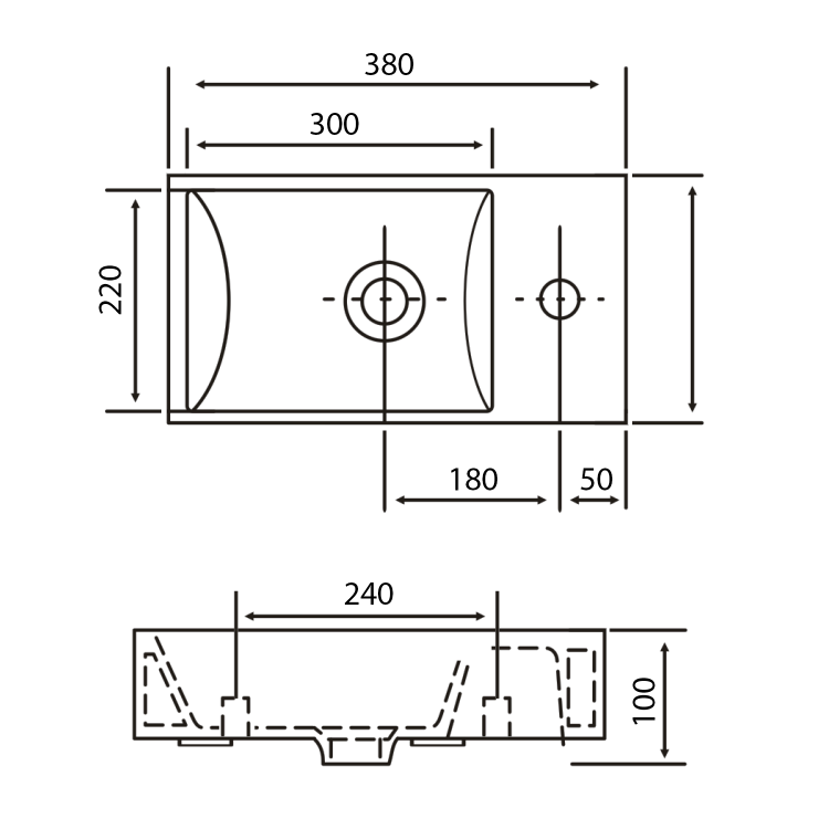 MARGITHA umywalka ceramiczna 38x22 cm prawa szary MGT3822GR rysunek techniczny