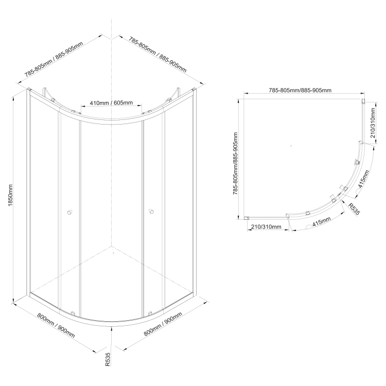 ARLETA BLACK Kabina prysznicowa narożna półokrągła 80x80x185 cm, profil czarny mat, szkło czyste BLS800  wymiary