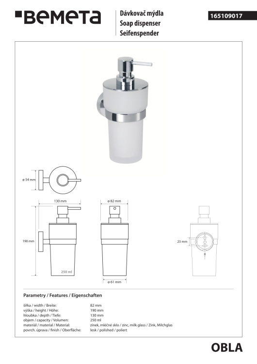 OBLA Dozownik do mydła 300 ml chrom 165109017 rysunek