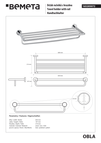 OBLA Wieszak poczwórny na ręczniki 60 cm chrom 165205072  rysunek