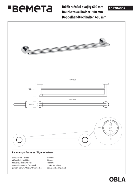 OBLA Wieszak podwójny na ręczniki 60 cm chrom 165204052 rysunek