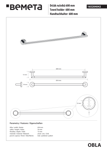 OBLA Wieszak na ręczniki 60 cm chrom 165204042 rysunek