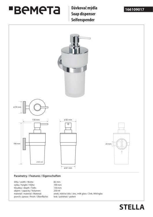 STELLA Dozownik do mydła 300 ml chrom 166109017 rysunek