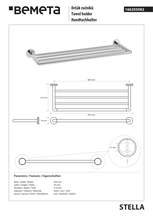 STELLA Wieszak poczwórny na ręczniki 60 cm chrom 166205082 rysunek