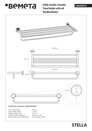 STELLA Wieszak poczwórny na ręczniki 60 cm chrom 166205072 rysunek