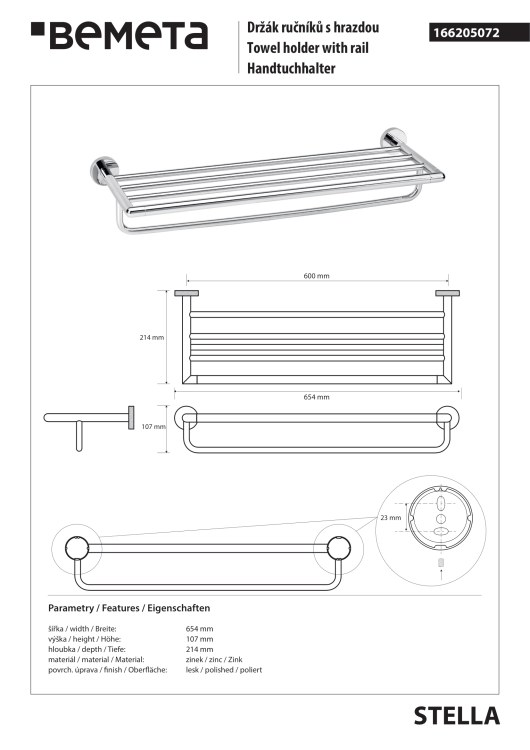 STELLA Wieszak poczwórny na ręczniki 60 cm chrom 166205072 rysunek