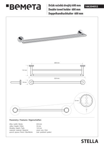 STELLA Wieszak podwójny na ręczniki 60 cm chrom 166204052 rysunek