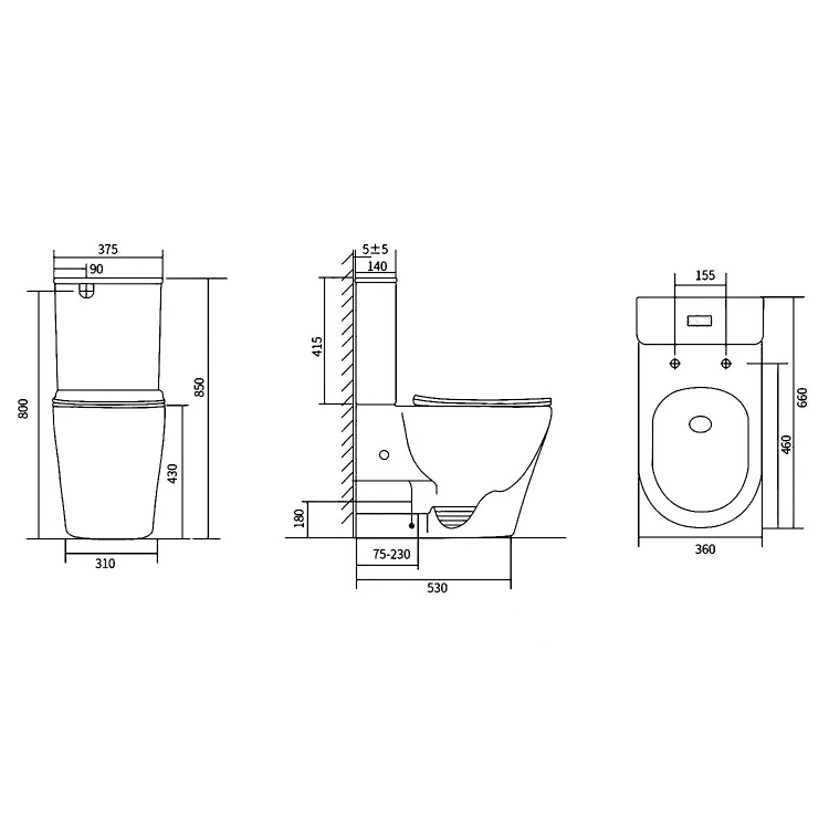 AVIS kompakt WC, Vortex Rimless, odpływ uniwersalny, biały PC106V rysunek