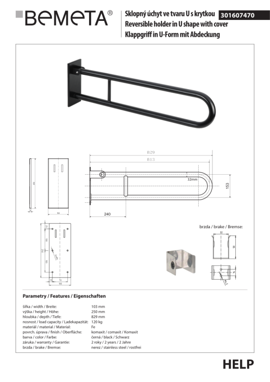 Poręcz łazienkowa składana w kształcie U 813 mm z kołnierzem osłonowym czarna 301607470 rysunek