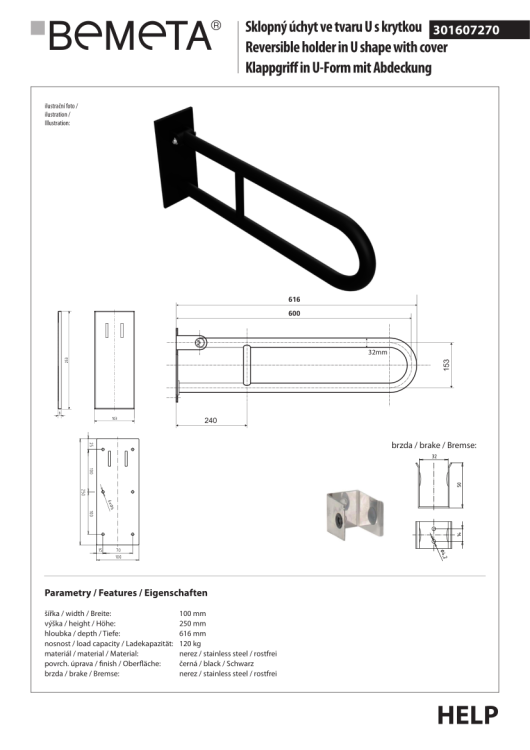 Poręcz łazienkowa składana w kształcie U 600 mm z kołnierzem osłonowym czarna 301607270 rysunek