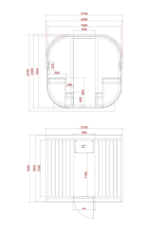 HANKO Sauna zewnętrzna ogrodowa 6 osobowa sucha Fińska świerk F60180 rysunek