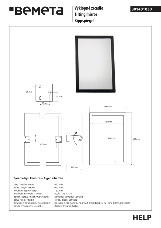 Lustro obrotowe 40x60 cm, rama czarny mat 301401030 rysunek