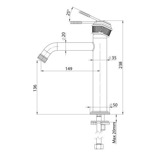 VERSI bateria umywalkowa, wysoka, chrom RV004 rysunek techniczny