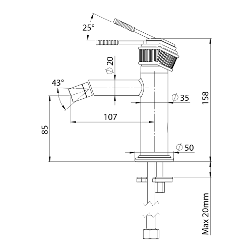 VERSI Bateria bidetowa stojąca, brąz RV003/18 rysunek techniczny
