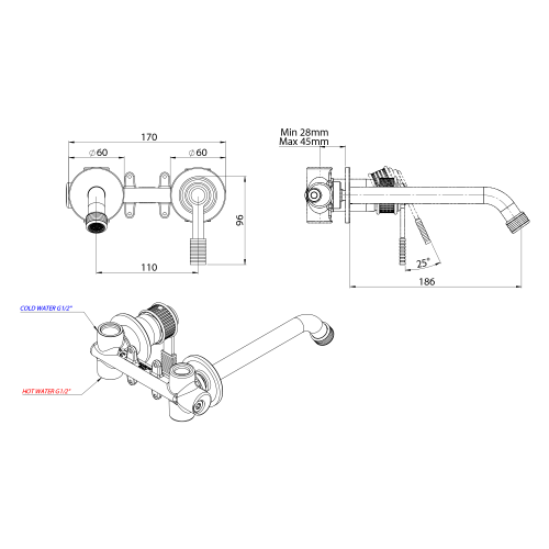 VERSI bateria umywalkowa podtynkowa, brąz RV018/18 rysunek techniczny