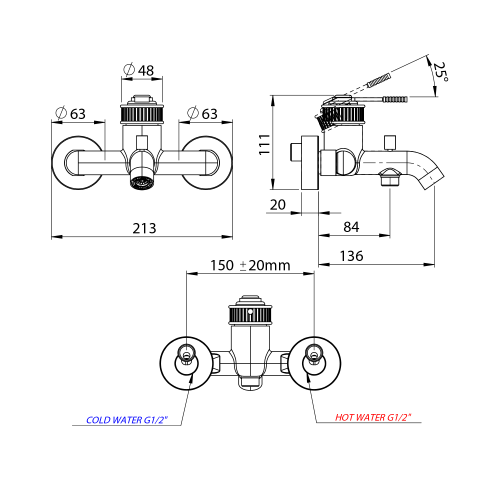 VERSI Bateria wannowa ścienna, chrom RV010 rysunek techniczny