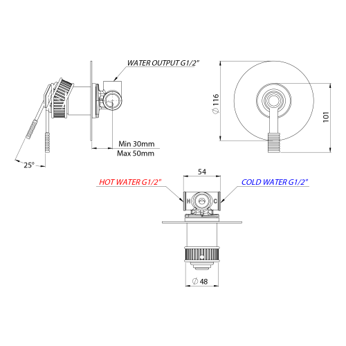 VERSI Bateria prysznicowa podtynkowa 1-funkcyjna, brąz RV041/18 rysunek techniczny