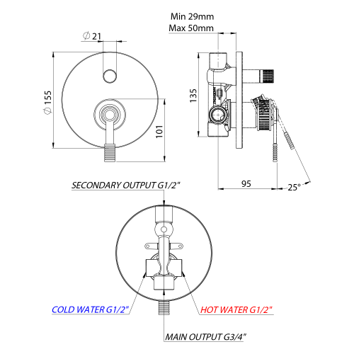 VERSI Bateria prysznicowa podtynkowa 2-funkcyjna, czarny mat RV042/15 rysunek techniczny