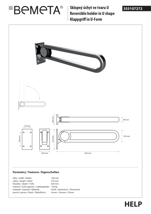 Poręcz łazienkowa składana w kształcie U 620 mm chrom 355107272 rysunek techniczny