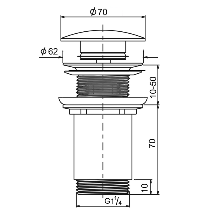 Korek umywalkowy 5/4“, klik-klak, wys. 10-50 mm, grzybek ceramiczny, do umywalki bez przelewu, carnico marmor AR900CM rysunek techniczny