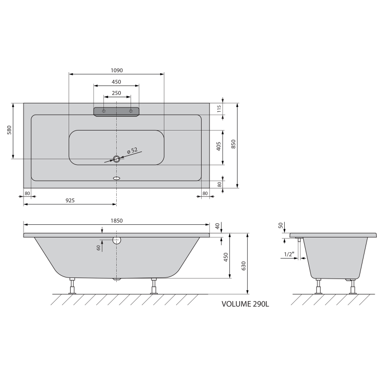 CASCATA wanna prostokątna 185x85x45cm, kaskada biała 73836.101 rysunek techniczny