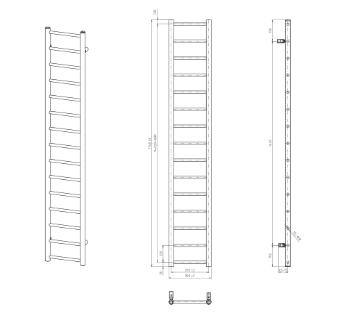 DINA Grzejnik łazienkowy biały 335 W 300x1740 mm IR366W rysunek techniczny