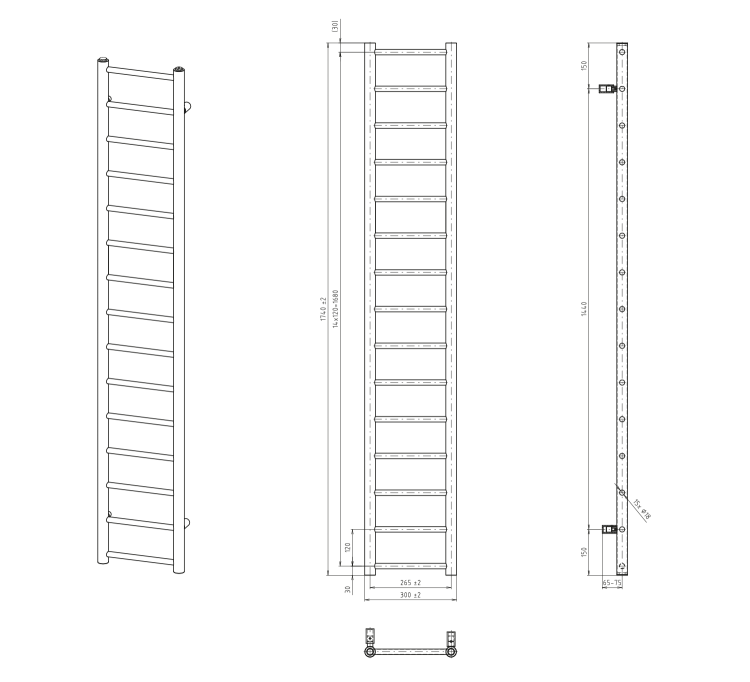 DINA Grzejnik łazienkowy biały 335 W 300x1740 mm IR366W rysunek techniczny