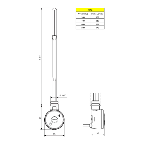 WICHER grzałka elektryczna z termostatem, 300 W, chrom 600.202.1