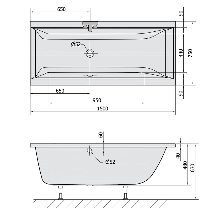 CLEO Wanna akrylowa prostokątna 150x75x48 cm czarny mat 27611.21 rysunek techniczny
