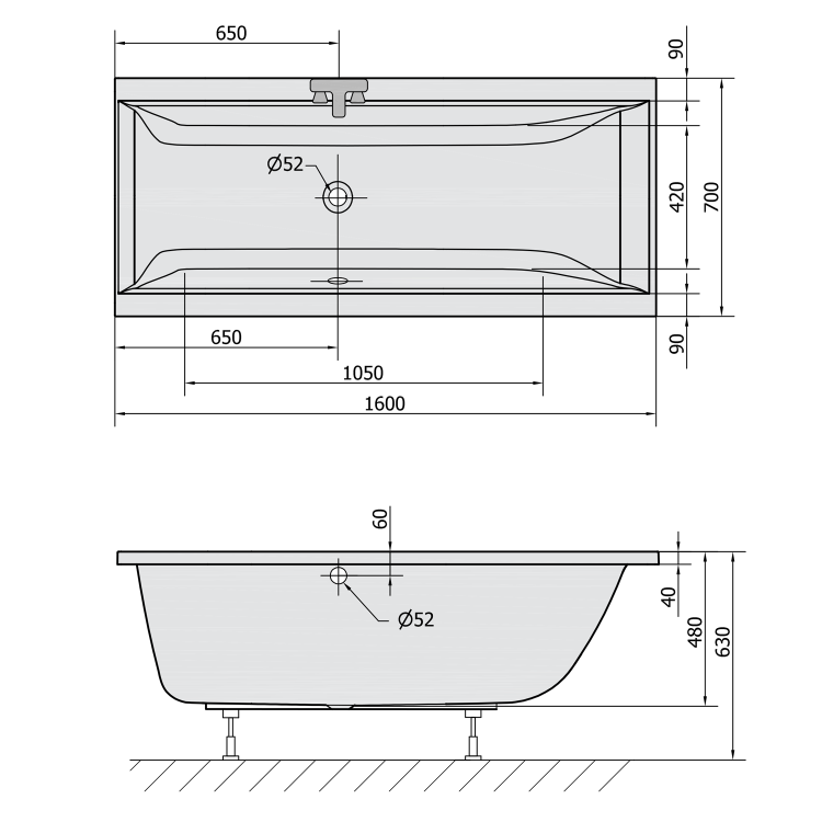 CLEO Wanna akrylowa prostokątna 160x70x48 cm czarny mat 73611.21 rysunek