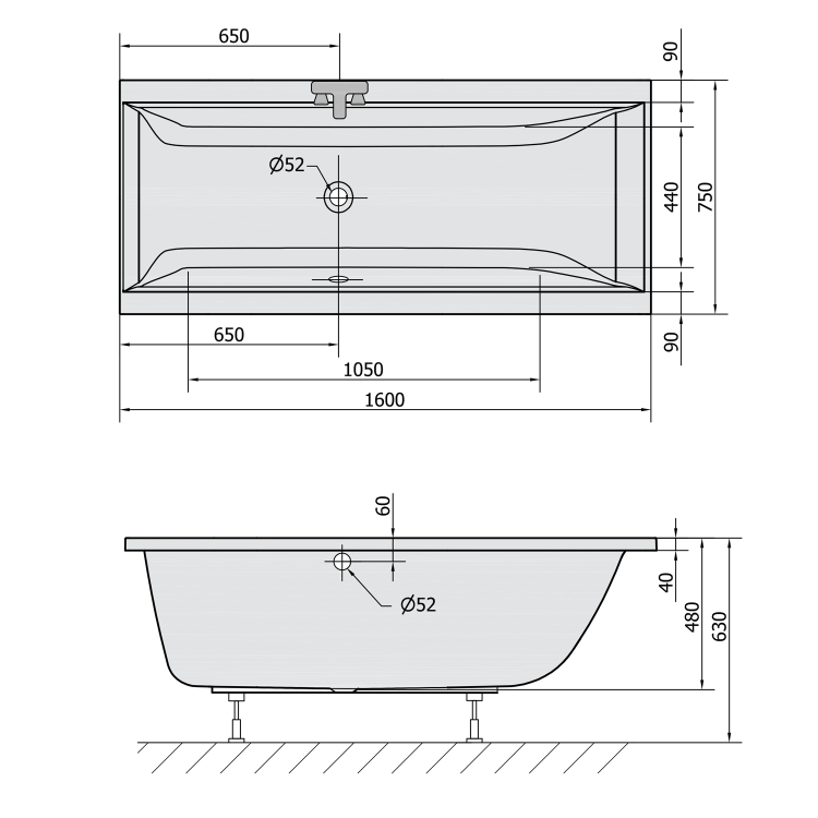 CLEO Wanna akrylowa prostokątna 160x75x48 cm czarny mat 93611.21 rysunek techniczny