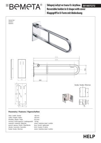 Poręcz łazienkowa uchylna w kształcie U 60cm z kołnierzem osłonowym stal nierdzewna szczotkowana 301607272  rysunek techniczny