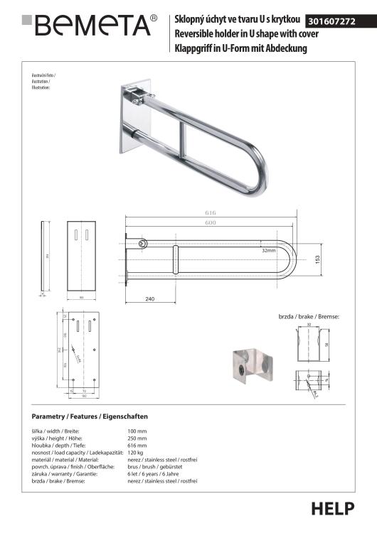 Poręcz łazienkowa uchylna w kształcie U 60cm z kołnierzem osłonowym stal nierdzewna szczotkowana 301607272  rysunek techniczny