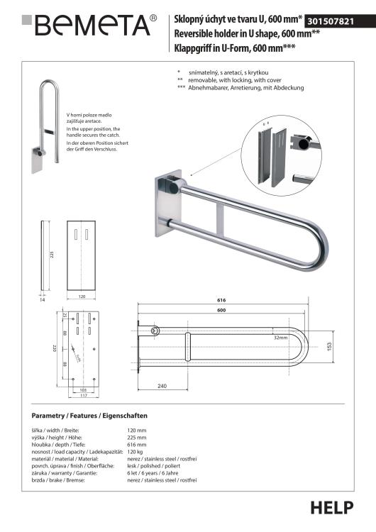 Poręcz łazienkowa składana zdejmowana w kształcie U 600 mm stal nierdzewna 301507821
