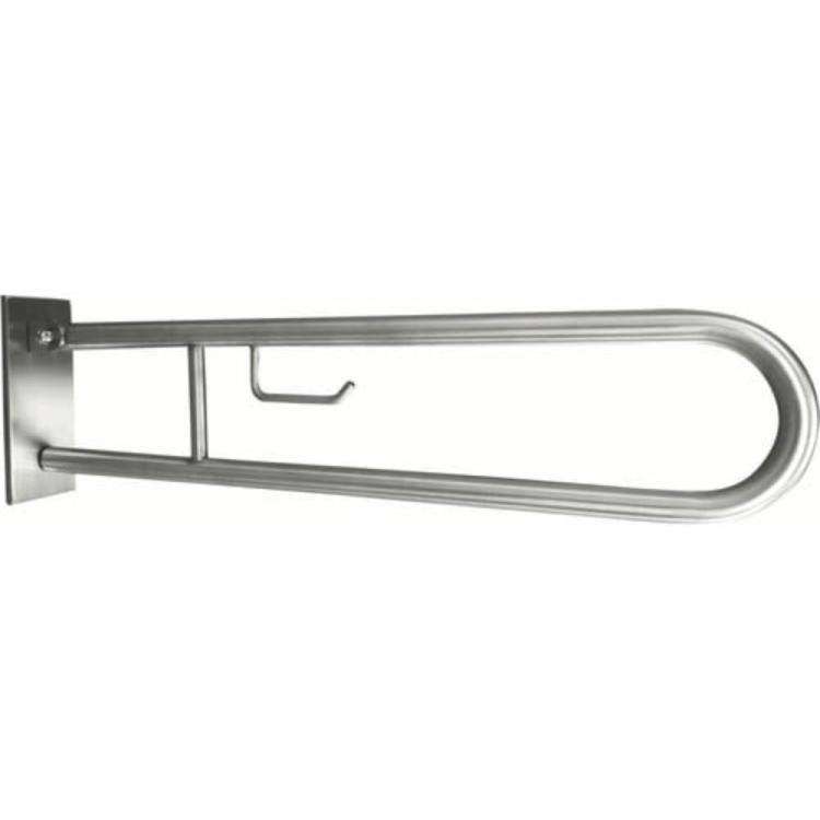 Poręcz łazienkowa uchylna w kształcie U 85 cm z kołnierzem osłonowym , uchwytem na papier, stal szczotkowana 301407322.jpg
