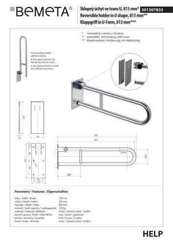 Poręcz łazienkowa składana zdejmowana w kształcie U 813 mm stal nierdzewna szczotkowana 301507835 rysunek techniczny