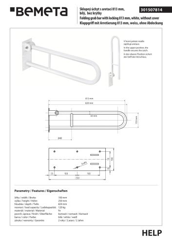 Poręcz łazienkowa składana z blokadą w kształcie U 813 mm biała 301507814 rysunek techniczny