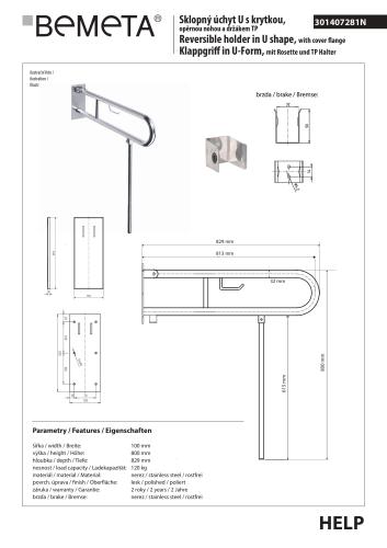 Poręcz łazienkowa składana w kształcie U 813 mm z podporą z uchwytem na papier z kołnierzem osłonowym stal nierdzewna 301407281N rysunek techniczny