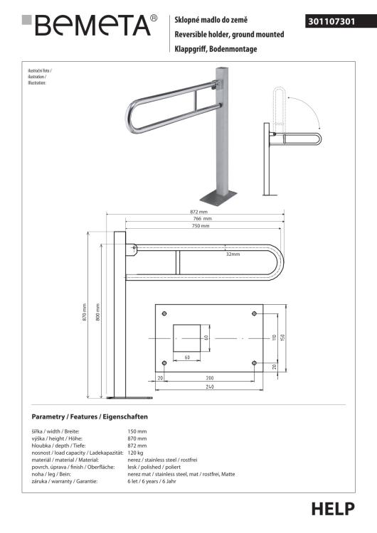 Poręcz łazienkowa stojąca uchylna 750 mm stal nierdzewna 301107301 rysunek techniczny