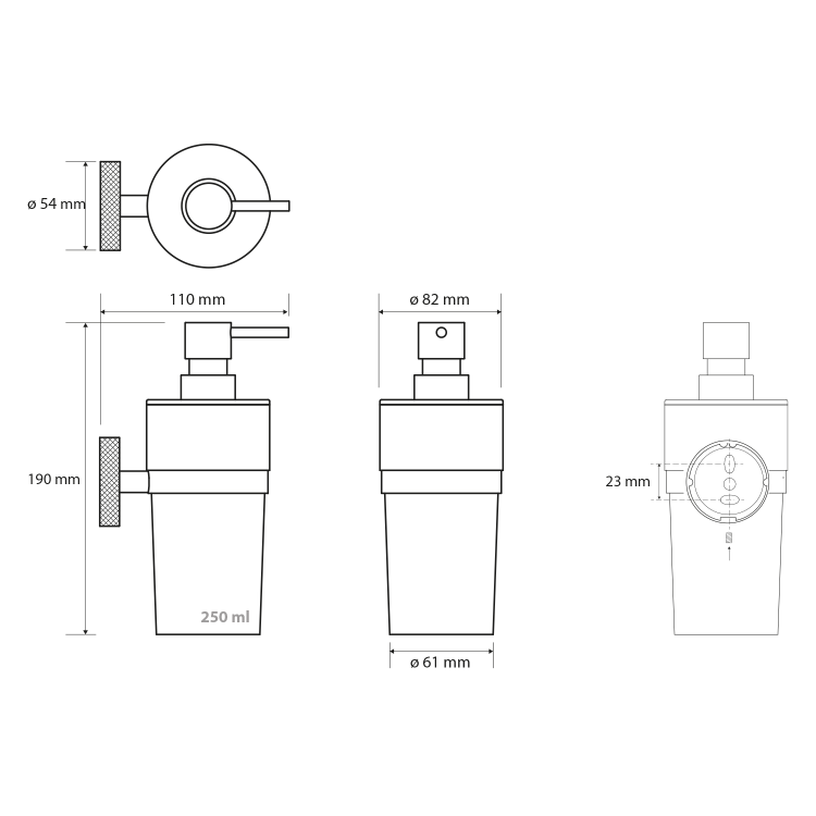 LARISSA dozownik mydła 250 ml, szkło mleczne, czarny/miedź mat WS019BC rysunek techniczny
