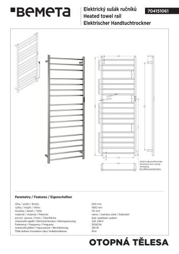Grzejnik elektryczny na ręczniki 600x1680 mm, 285W, stal nierdzewna polerowana 704151061 rysunek techniczny