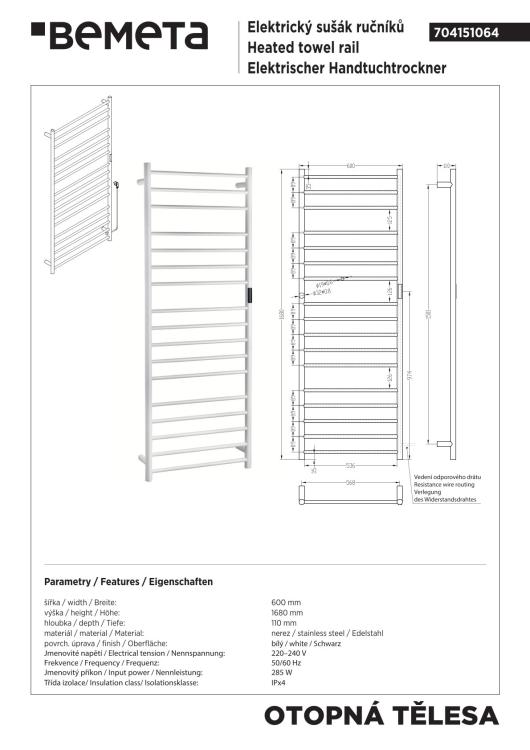 Grzejnik elektryczny na ręczniki 600x1680 mm, 285 W, biały 704151064 rysunek techniczny