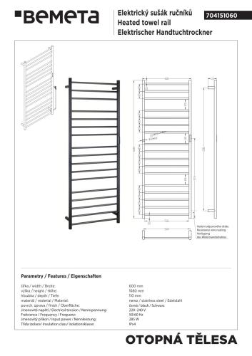 Grzejnik elektryczny na ręczniki 600x1680 mm, 285 W, czarny 704151060 rysunek techniczny